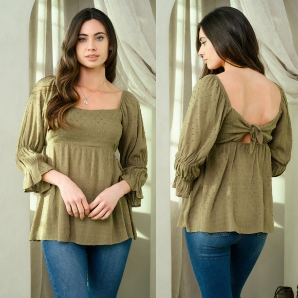 Private Label Tops - NWT Olive Green Swiss Dot Babydoll Top Open Back